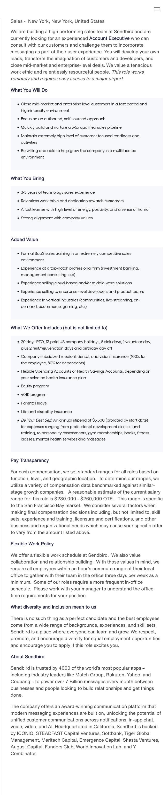 센드버드 Account Executive (Sales) - New York 채용공고