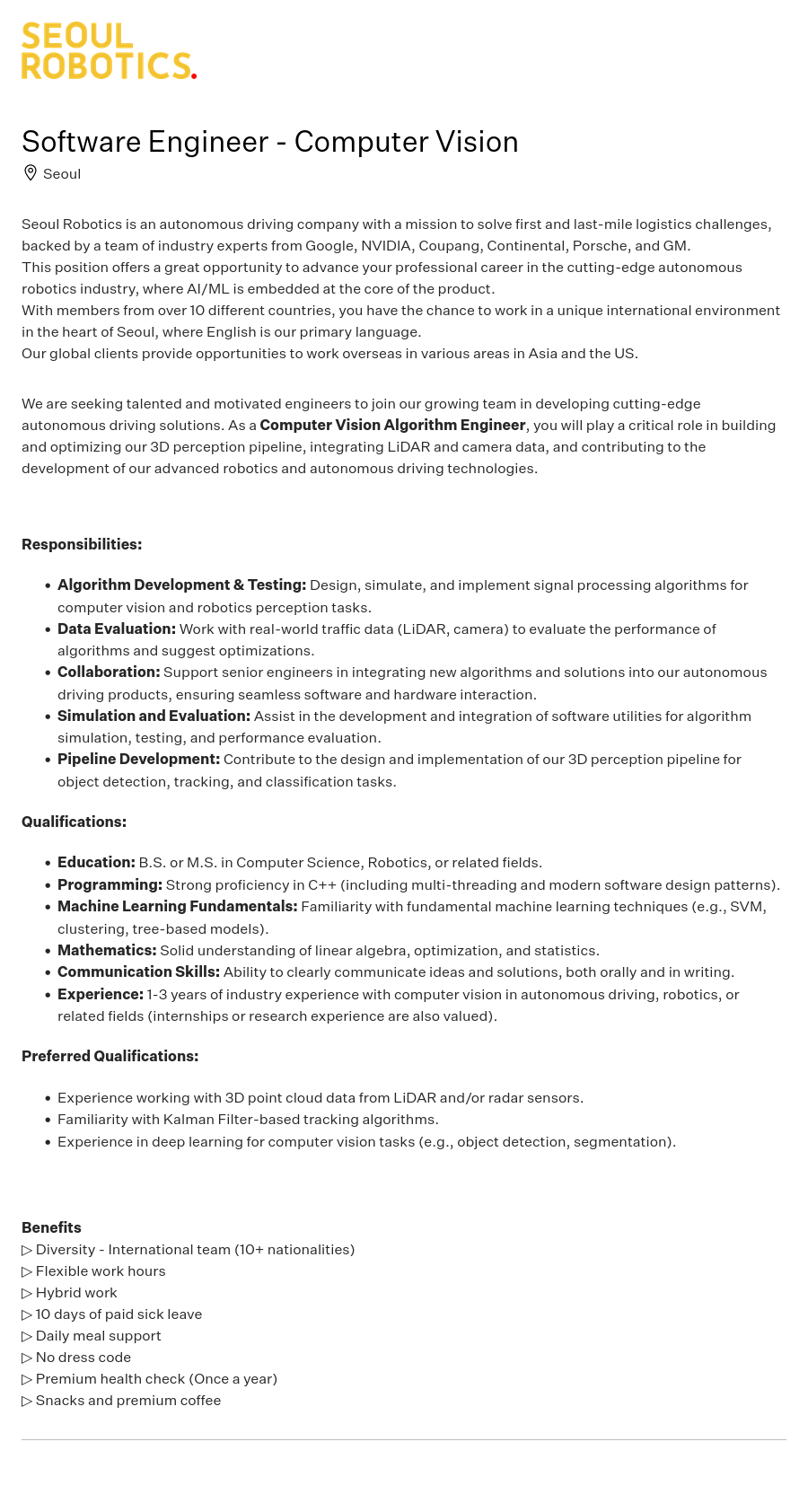 서울로보틱스 Software Engineer - Computer Vision 채용공고