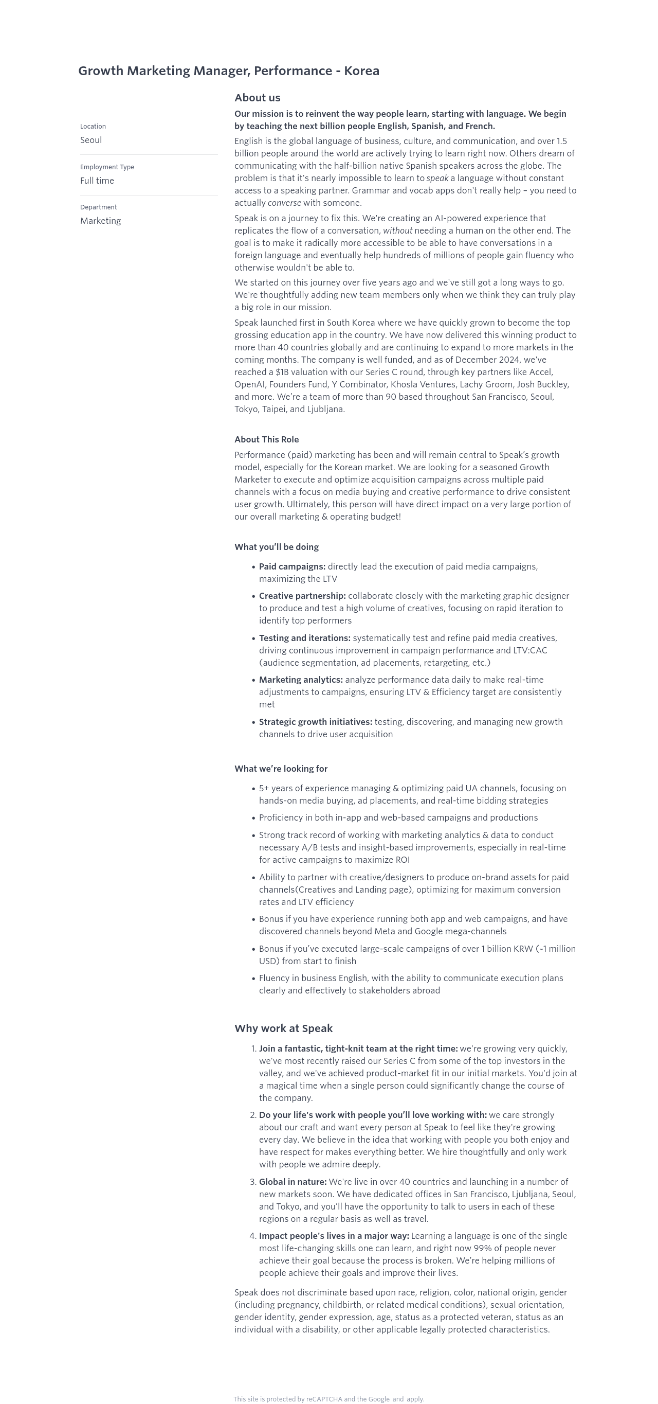 스픽 Growth Marketing Manager, Performance - Korea 채용공고