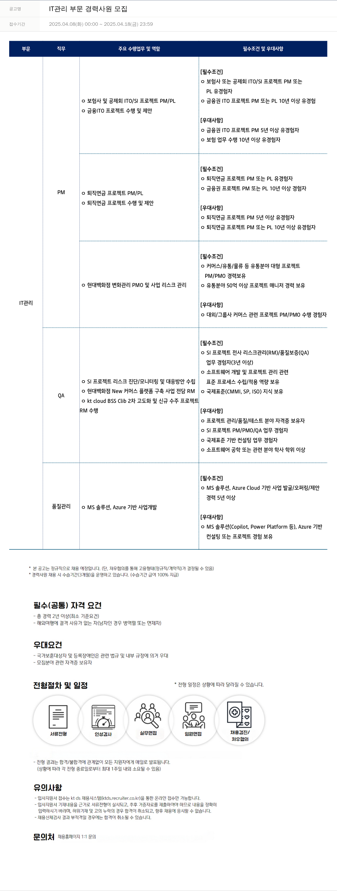 KTds IT 관리 부문 경력 사원 모집 채용공고