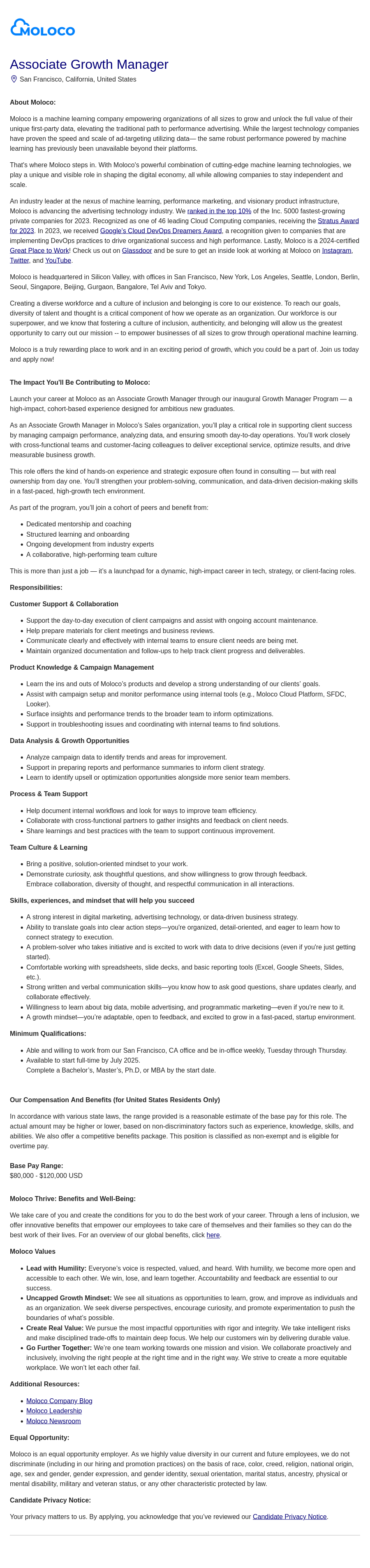 몰로코 Associate Growth Manager 채용공고
