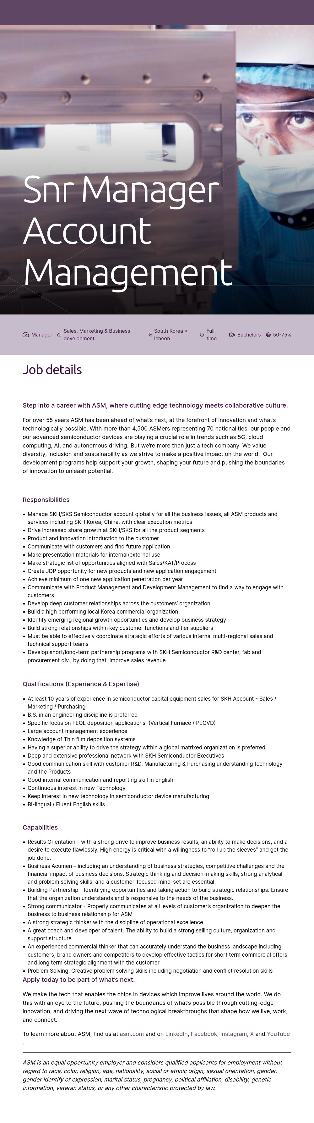 ASM Snr Manager Account Management (Sales, Marketing & Business Development) 채용공고