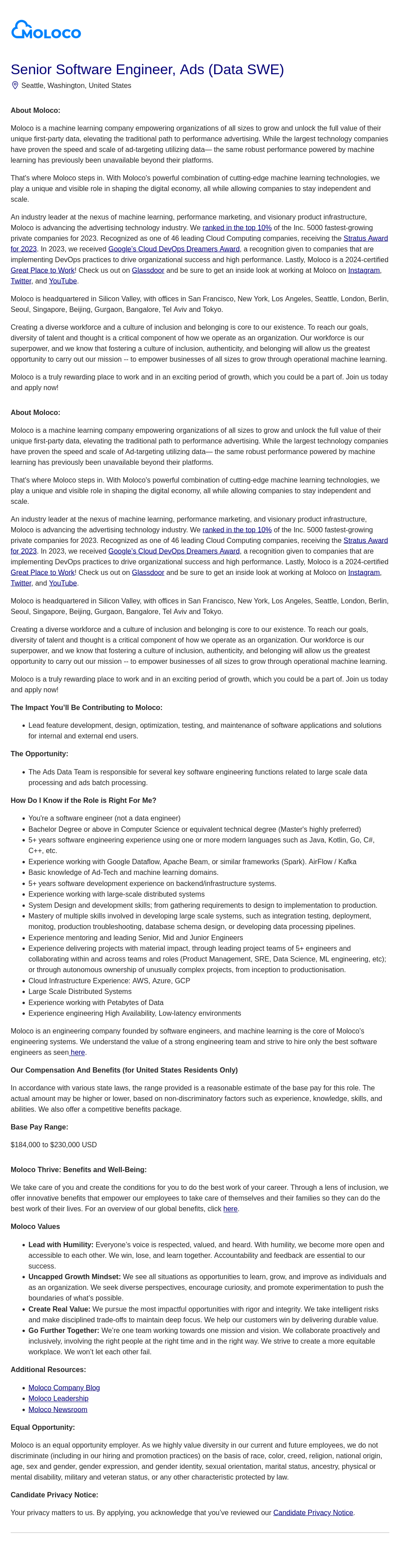 몰로코 Senior Software Engineer, Ads (Data SWE) 채용공고