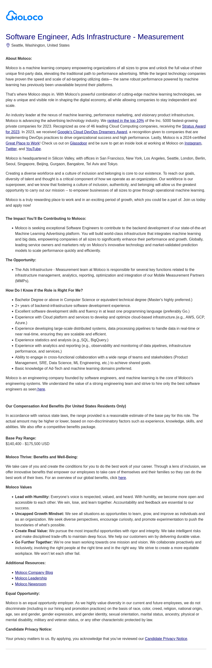 몰로코 Software Engineer, Ads Infrastructure - Measurement 채용공고
