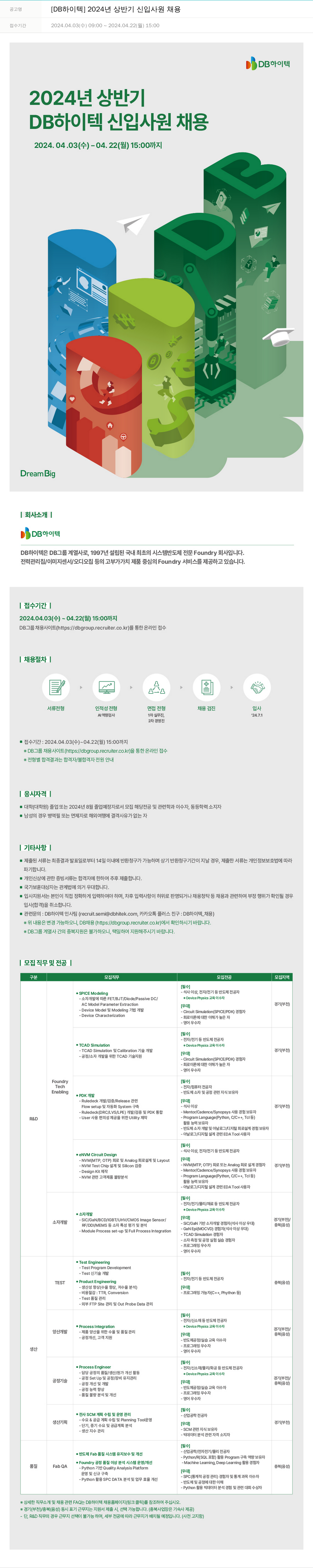DB하이텍 2024년 상반기 신입 사원 채용 채용공고