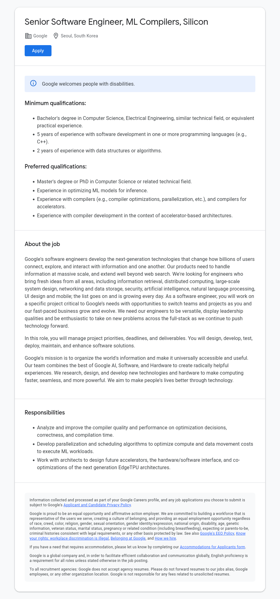구글(Google) Senior Software Engineer, ML Compilers, Silicon 채용공고