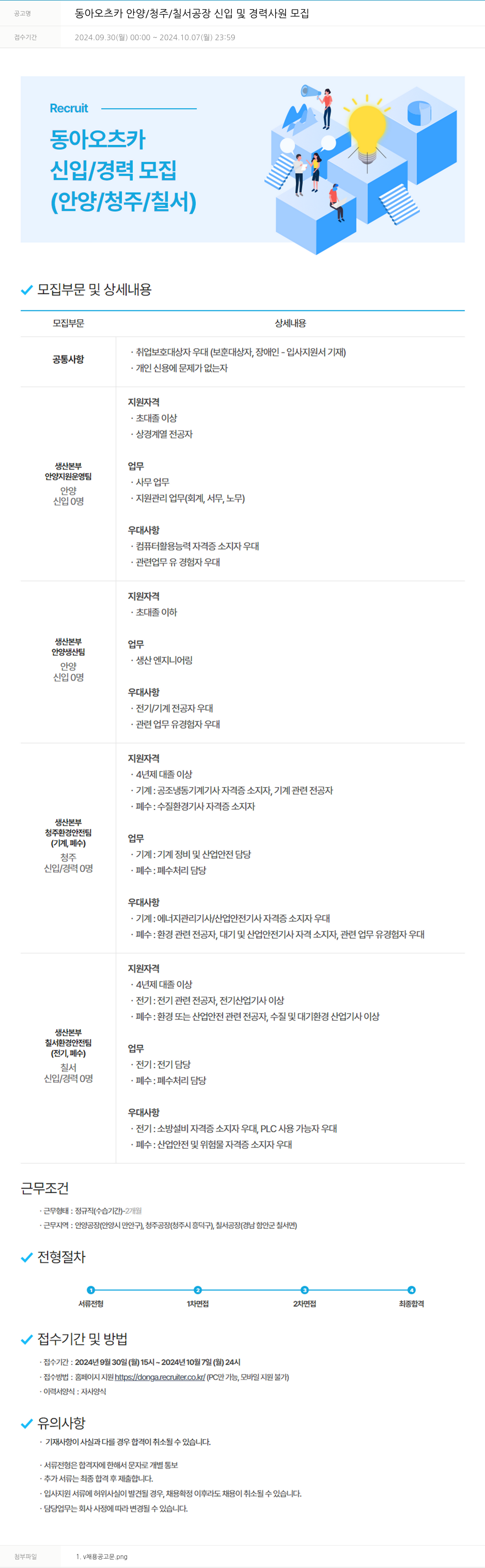 동아쏘시오그룹 동아 오츠카 안양 / 청주 / 칠서 공장 신입 및 경력 사원 모집 채용공고
