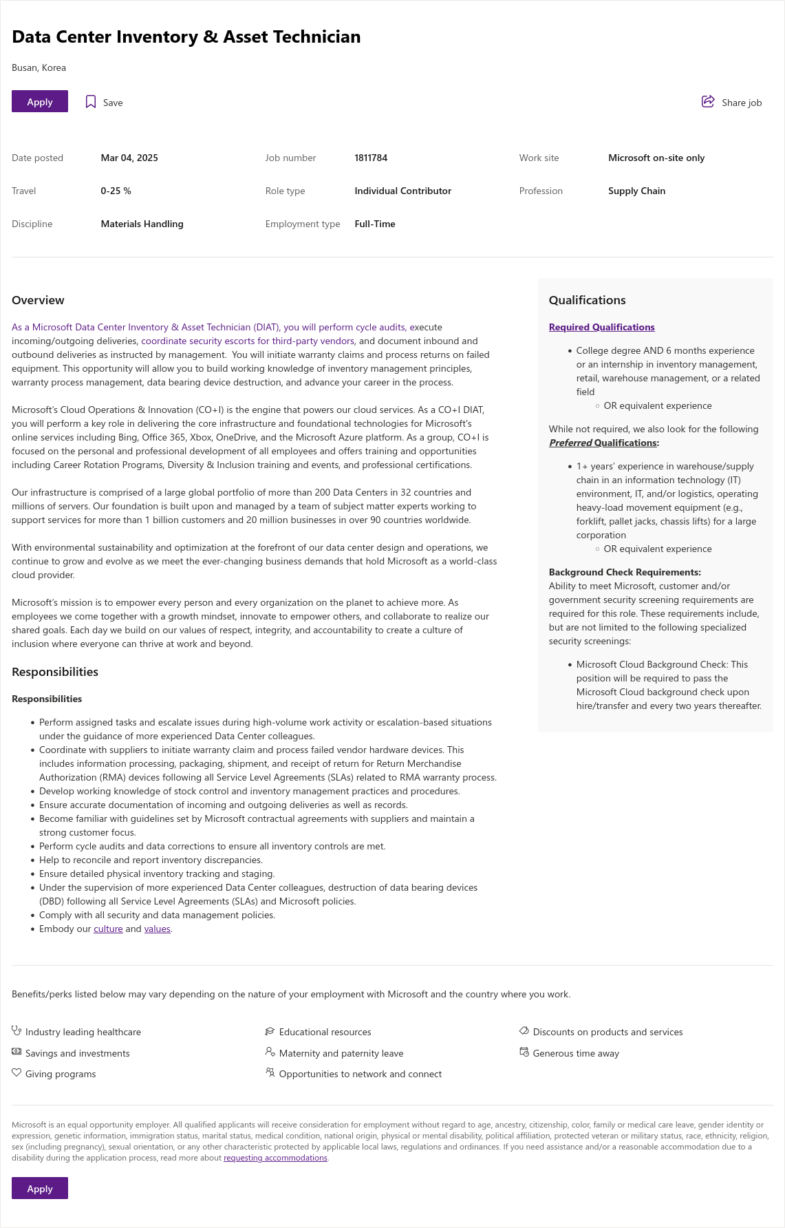 마이크로소프트(Microsoft) Data Center Inventory & Asset Technician 채용공고