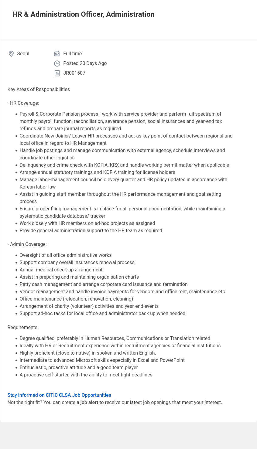 CLSA코리아증권 HR & Administration Officer, Administration 채용공고