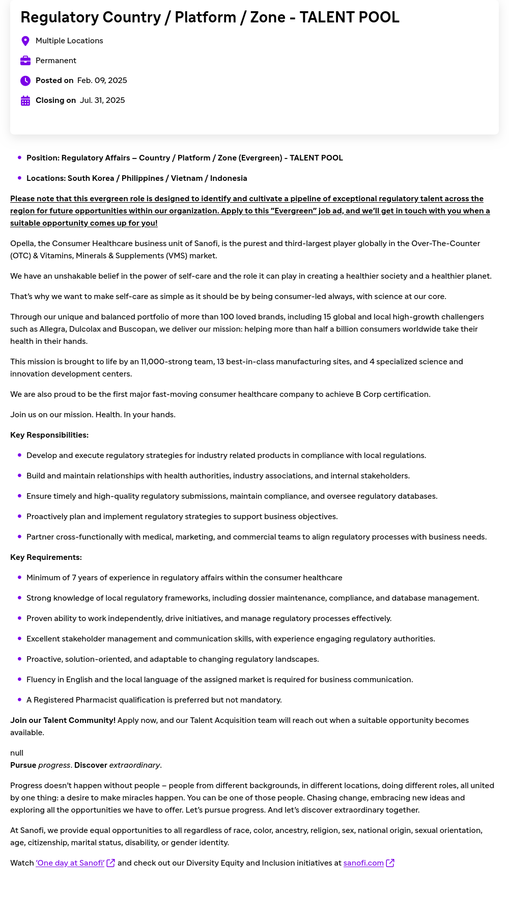 사노피 Regulatory Country / Platform / Zone - TALENT POOL 채용공고