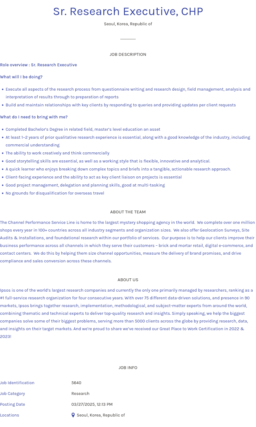 입소스코리아 Sr. Research Executive, CHP 채용공고