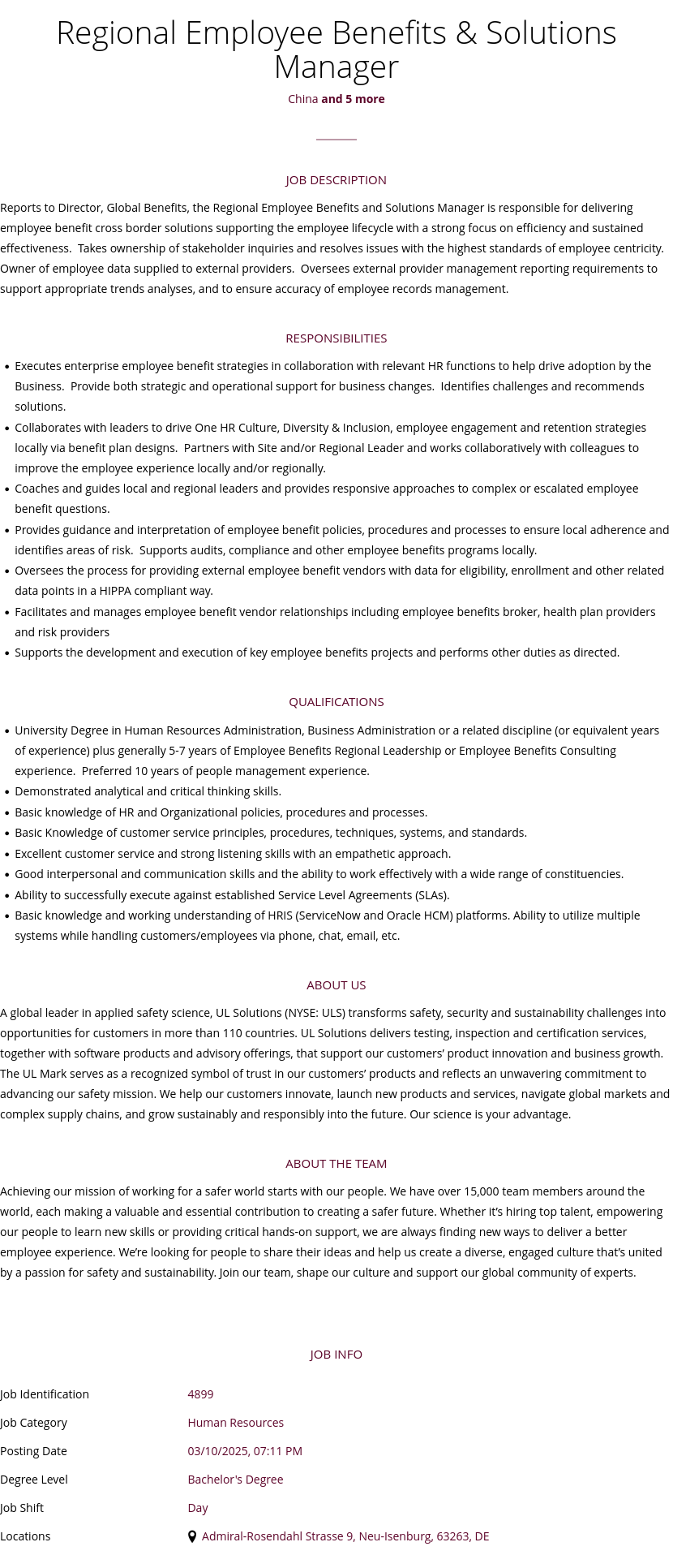 UL Solutions Regional Employee Benefits & Solutions Manager 채용공고