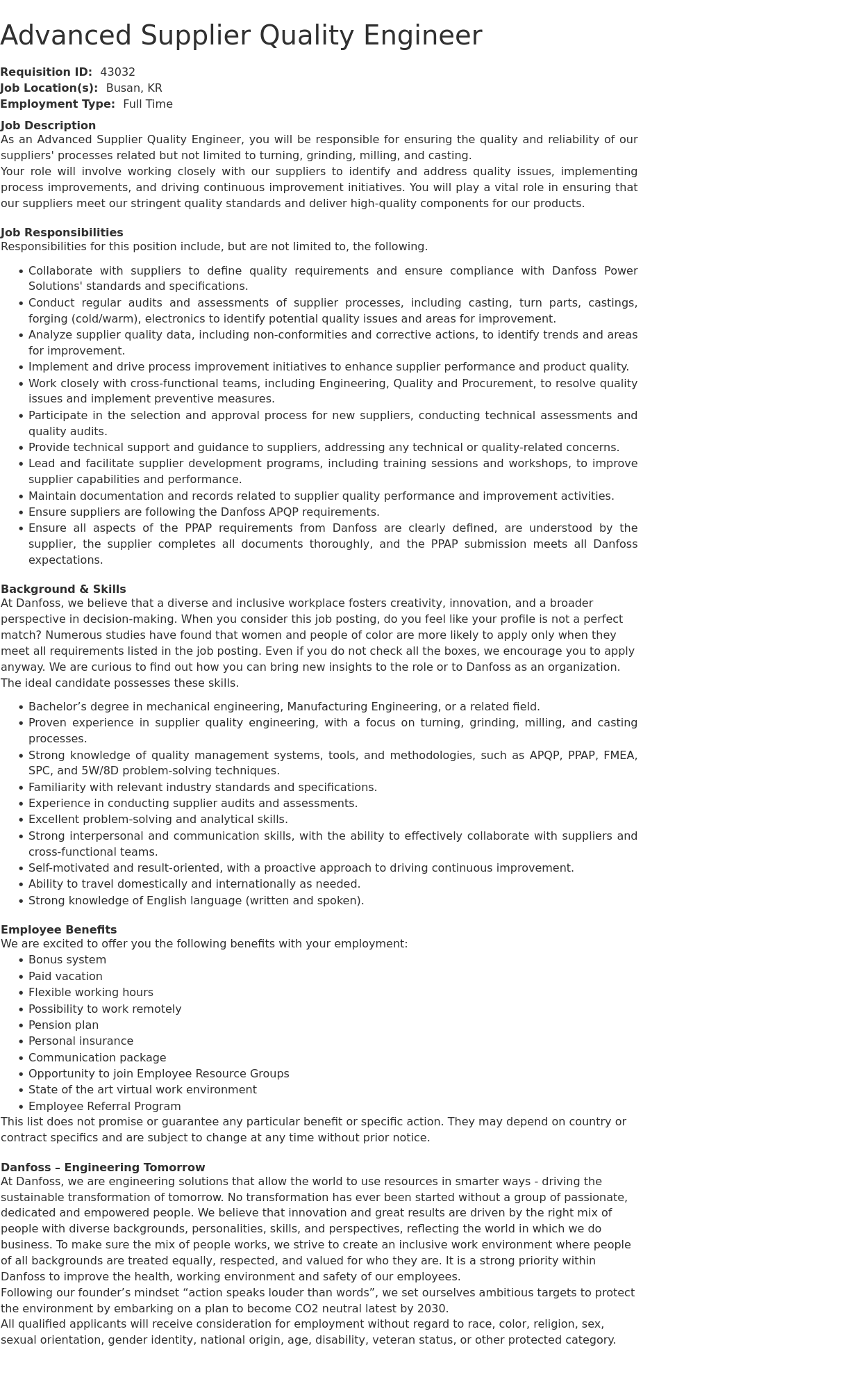댄포스코리아 Advanced Supplier Quality Engineer 채용공고