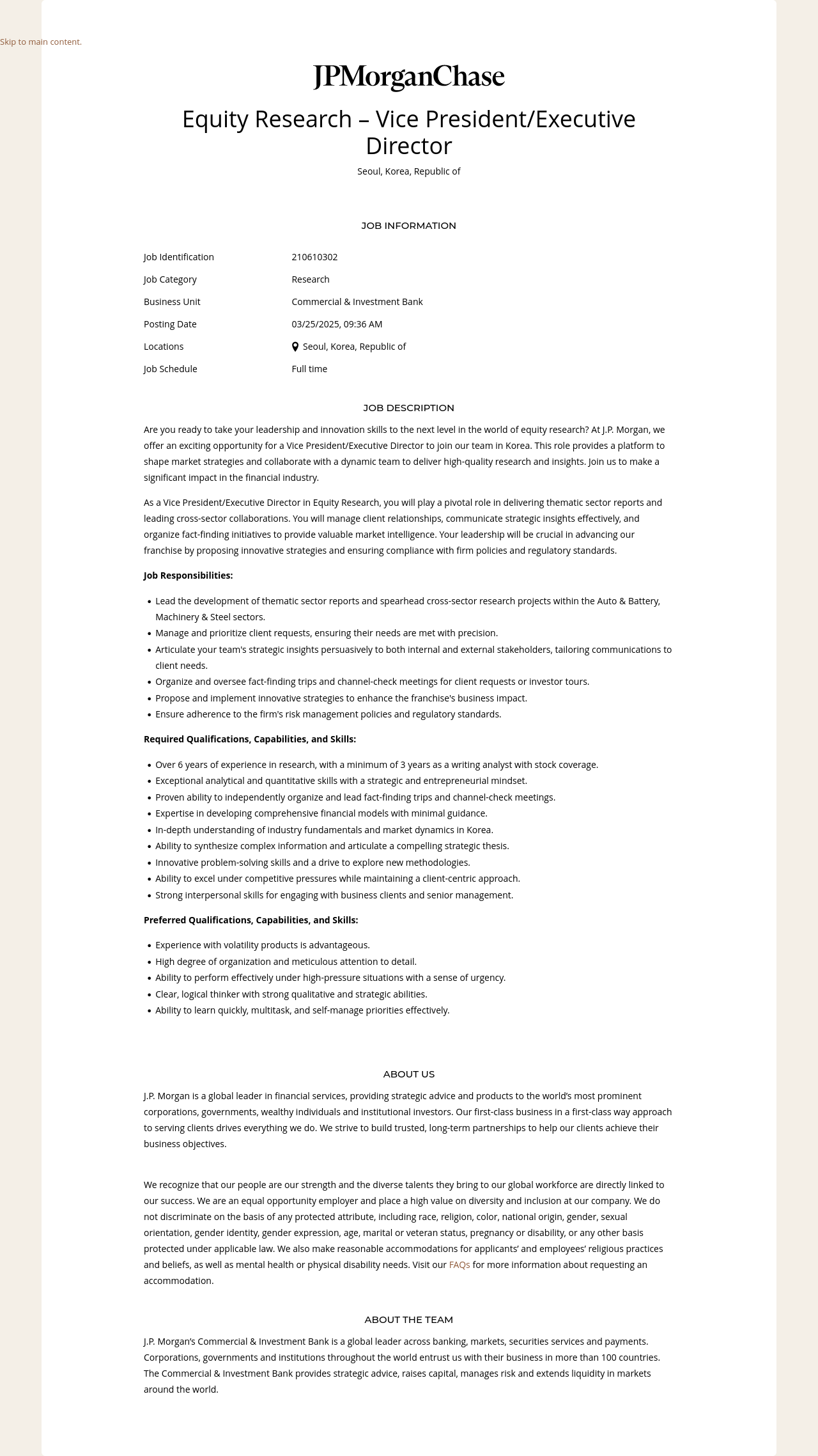 JPMorganChase Equity Research - Vice President / Executive Director 채용공고