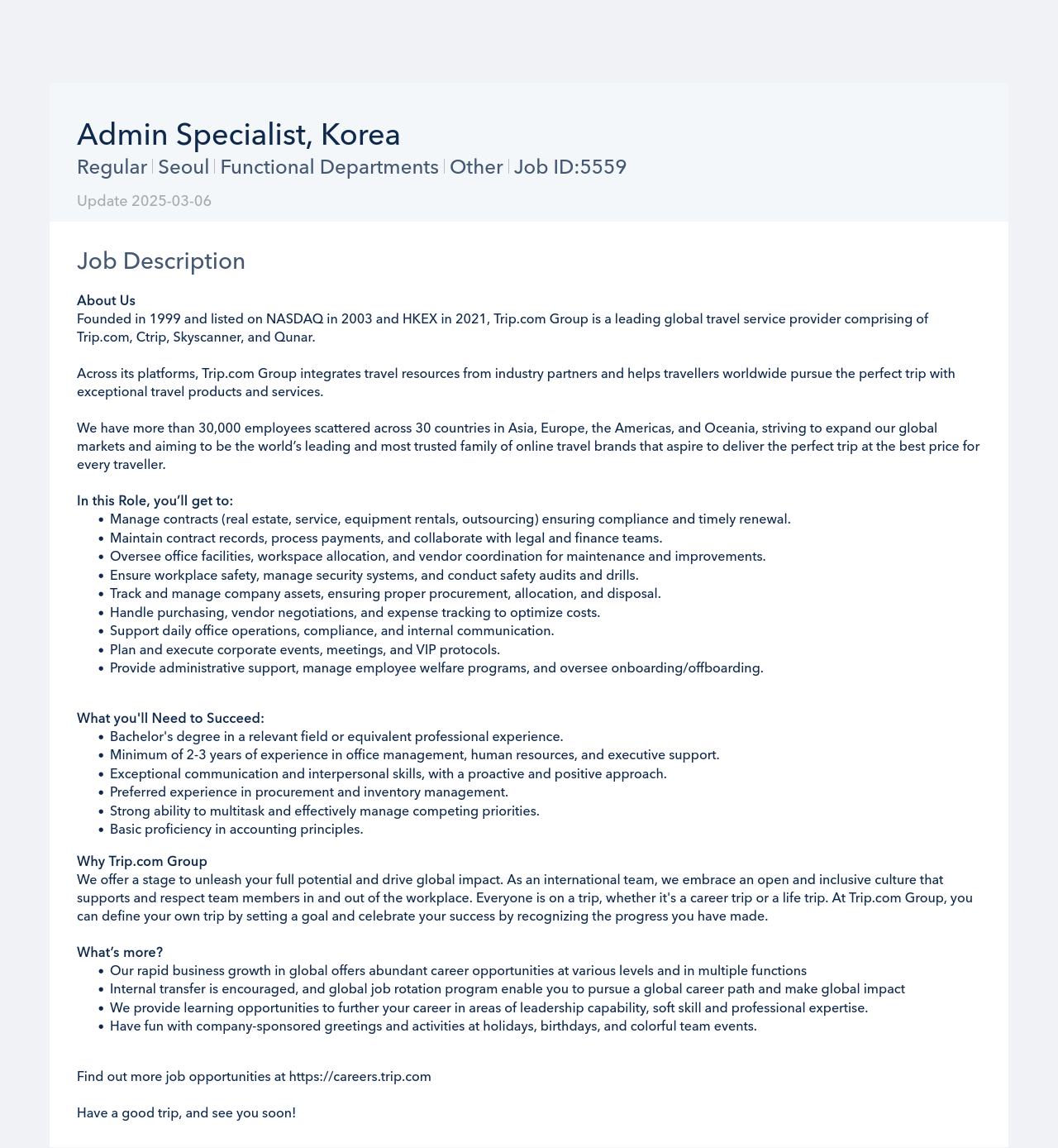 트립닷컴 Admin Specialist, Korea 채용공고