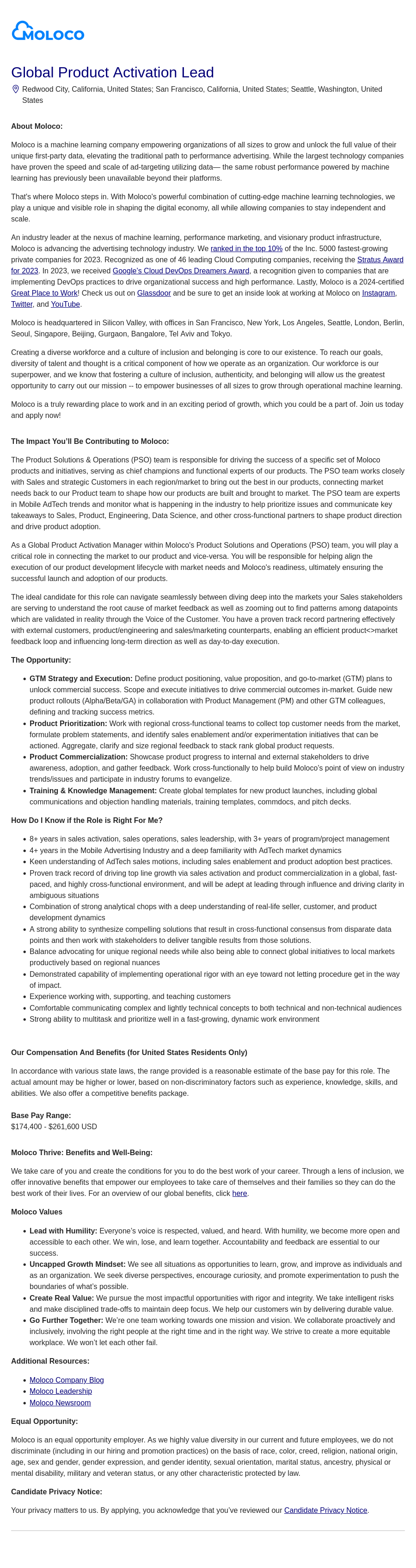 몰로코 Global Product Activation Lead 채용공고