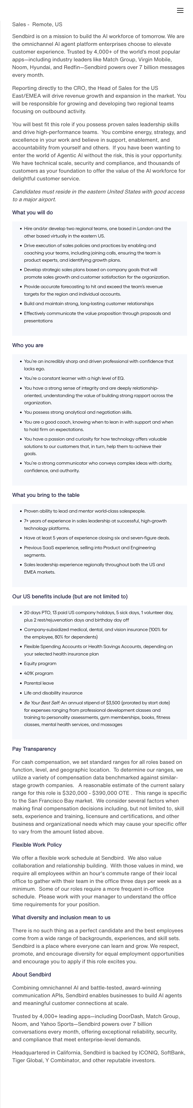 센드버드 Head of Sales for the US East / EMEA 채용공고