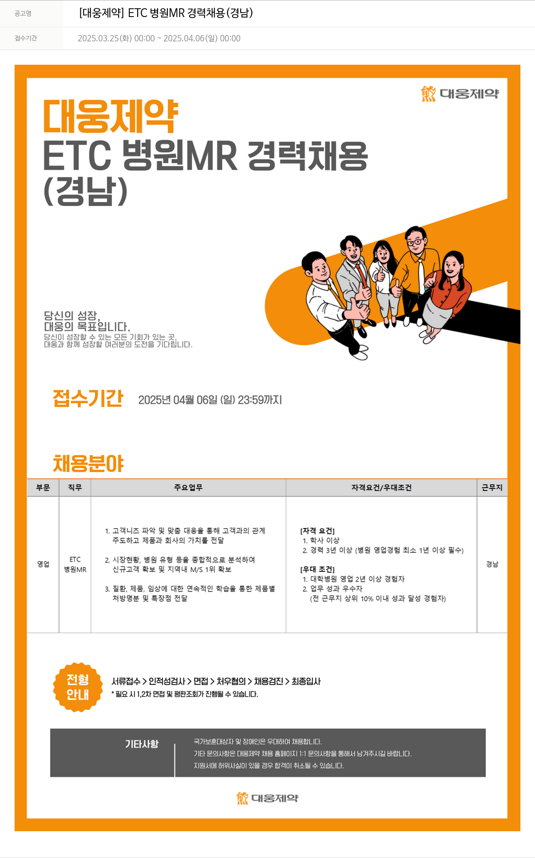 대웅제약 [대웅제약] ETC 병원 MR 경력 채용 (경남) 채용공고