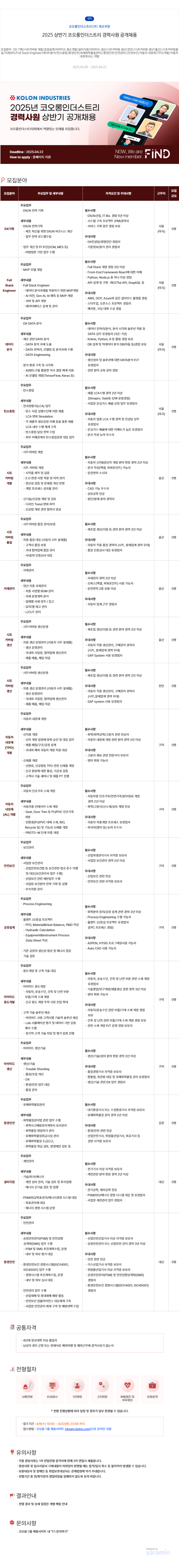 코오롱인더스트리 2025 상반기 코오롱 인더스트리 경력 사원 공개 채용 채용공고