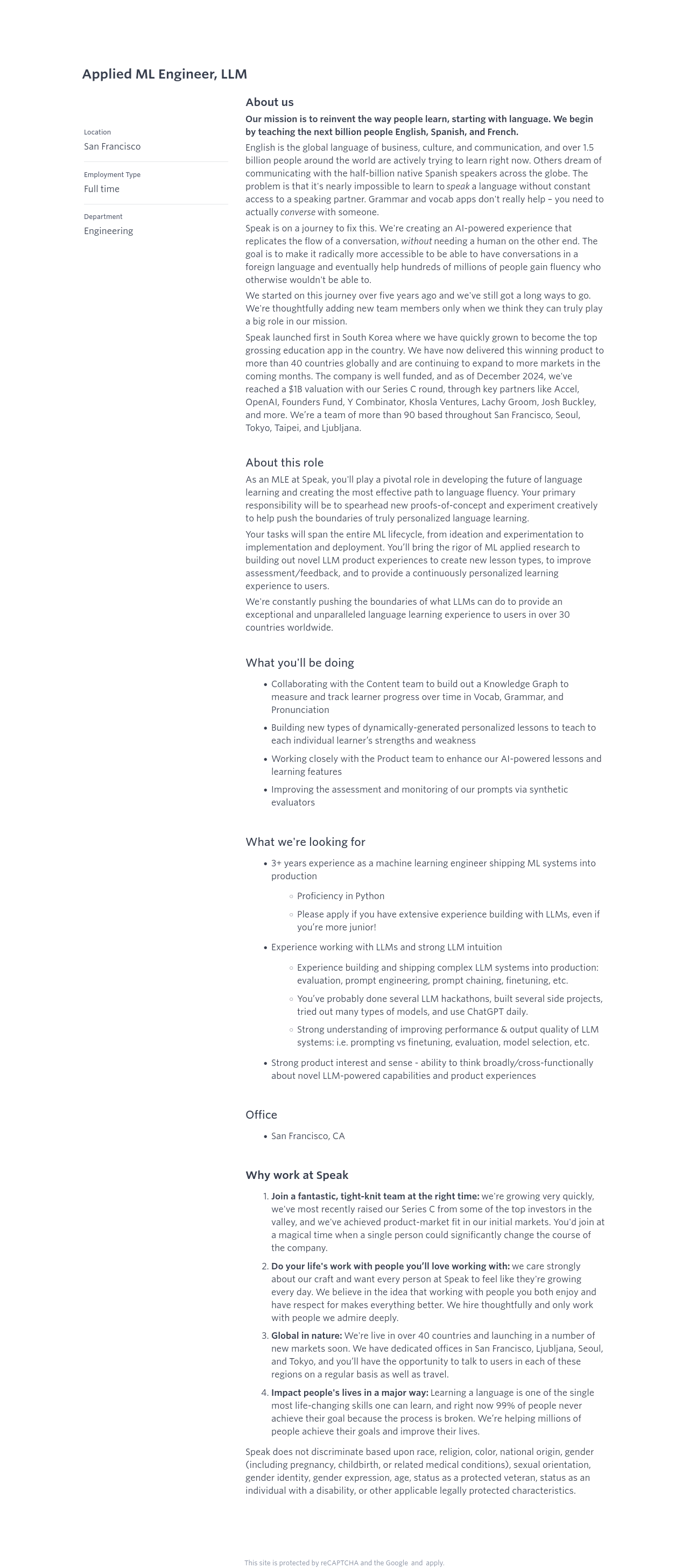 스픽 Applied ML Engineer, LLM 채용공고