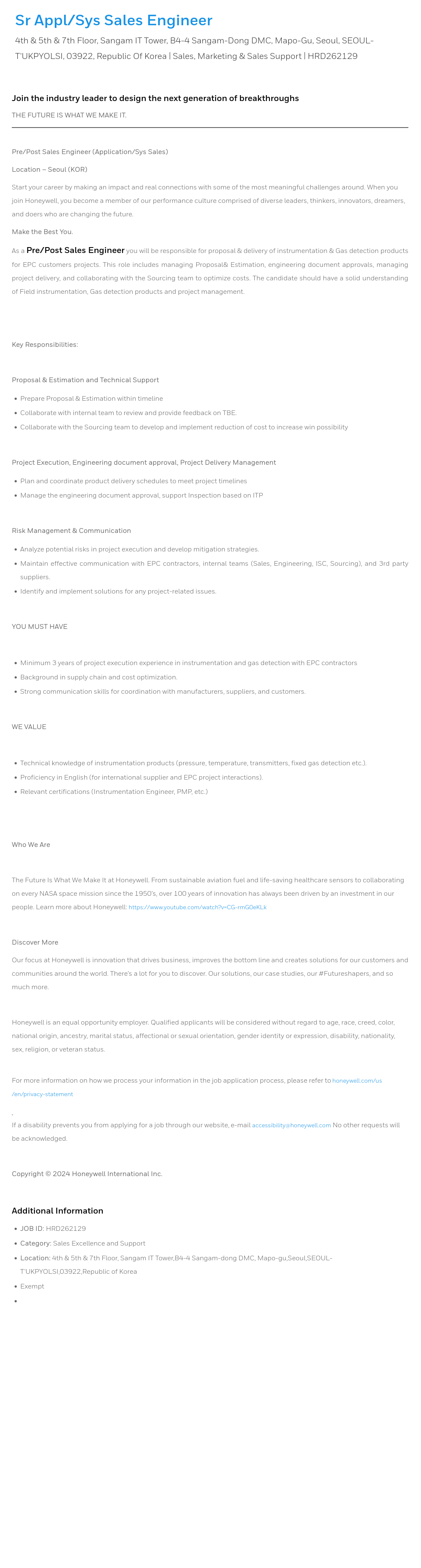 허니웰 Sr Appl / Sys Sales Engineer 채용공고