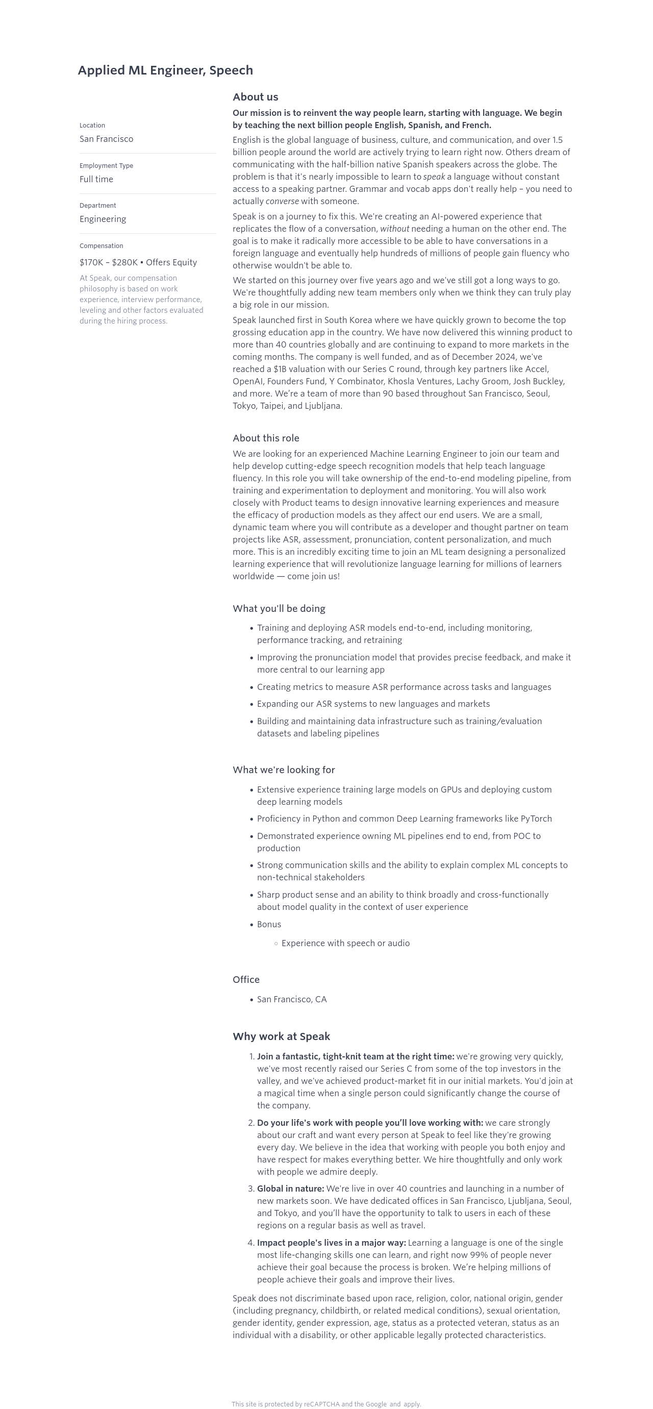 스픽 Applied ML Engineer, Speech 채용공고