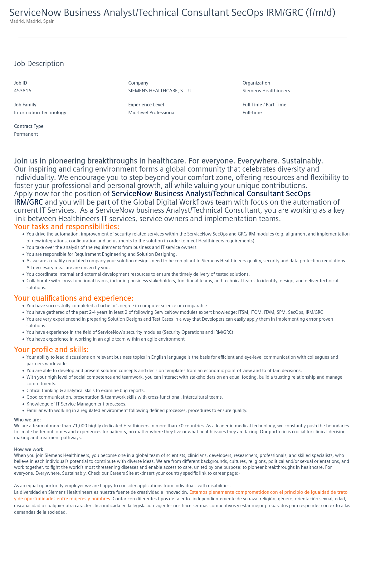 SiemensHealthineers ServiceNow Business Analyst / Technical Consultant SecOps IRM / GRC (f/m/d) 채용공고