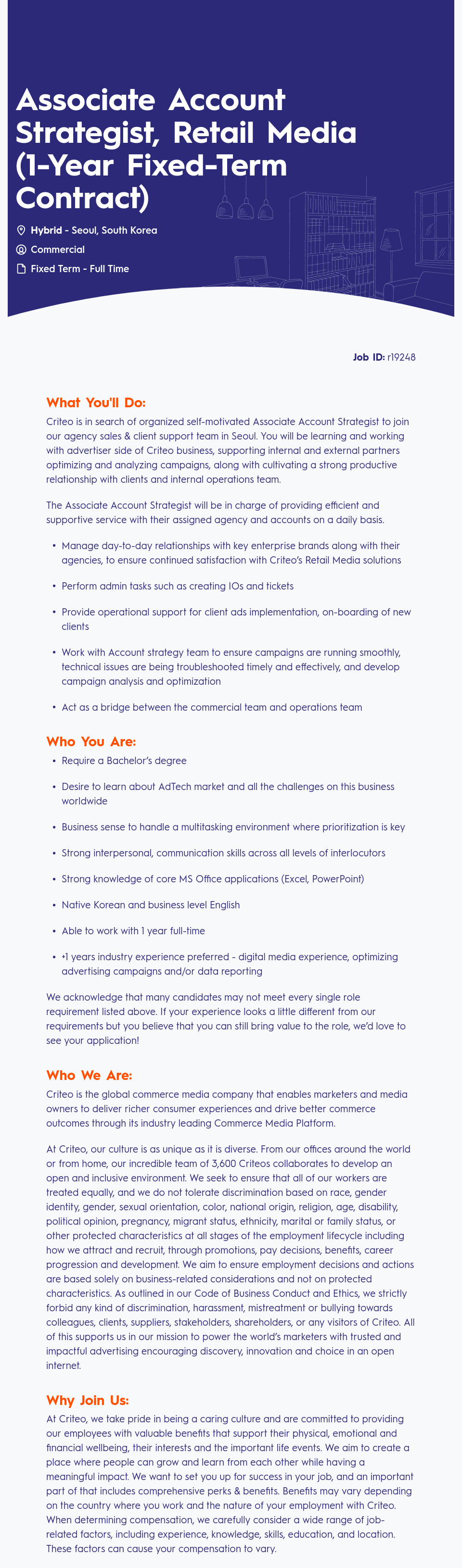 크리테오 Associate Account Strategist, Retail Media (1-Year Fixed-Term Contract) 채용공고
