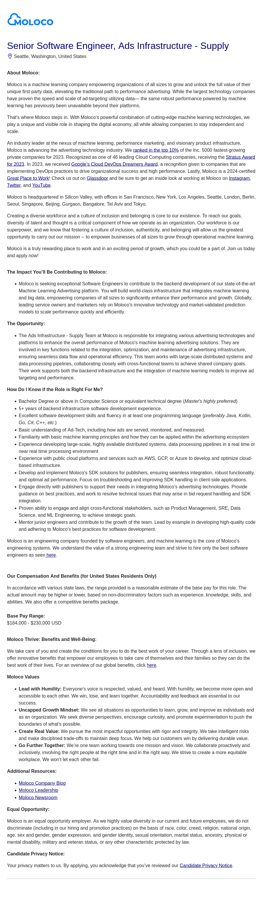 몰로코 Senior Software Engineer, Ads Infrastructure - Supply 채용공고
