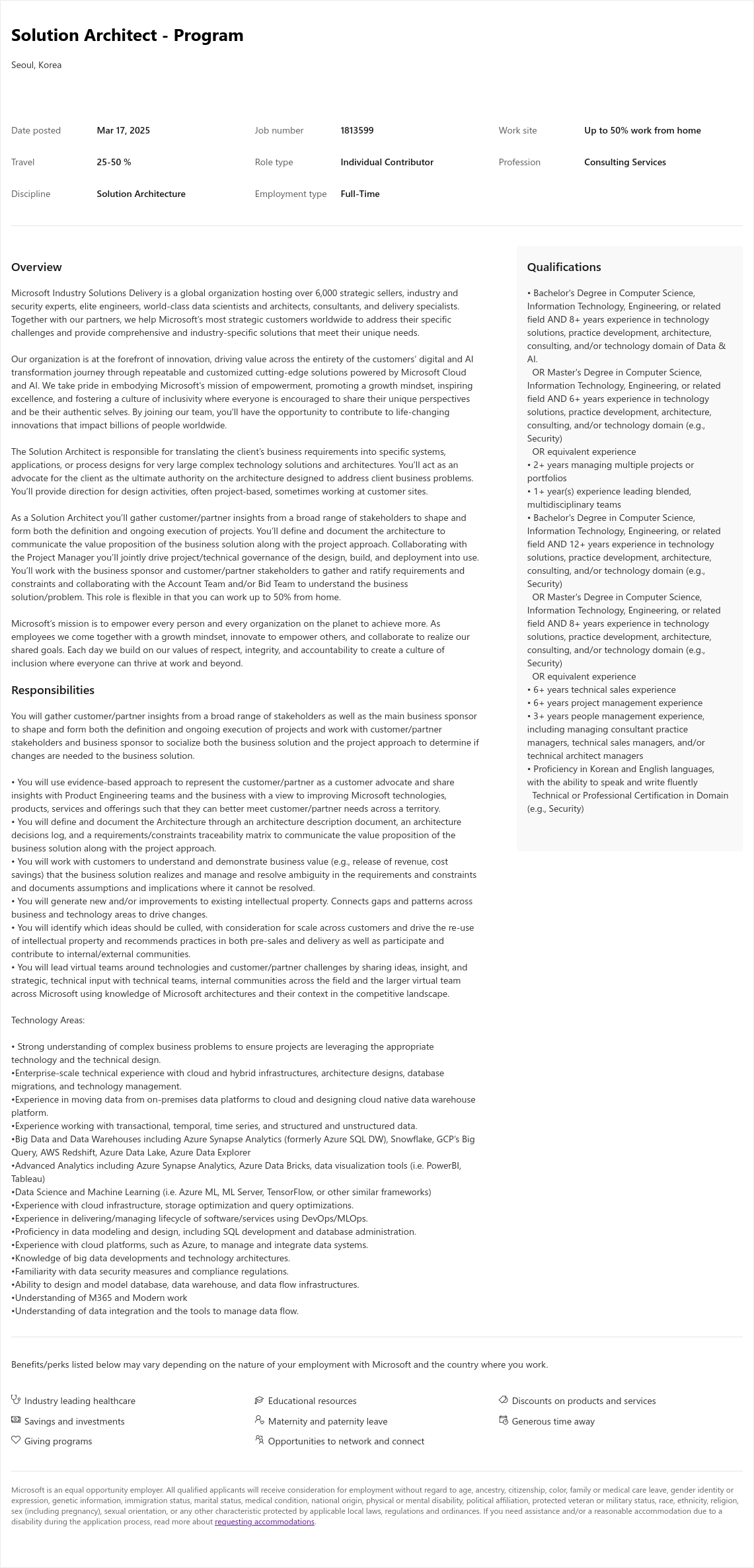 마이크로소프트(Microsoft) Solution Architect - Program 채용공고