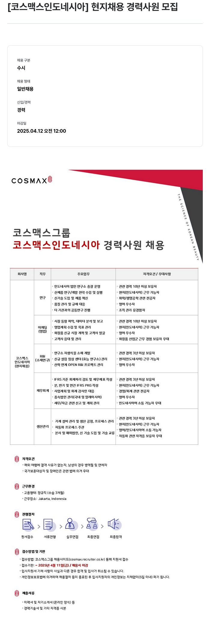 코스맥스 [코스맥스 인도네시아] 현지 채용 경력 사원 모집 채용공고