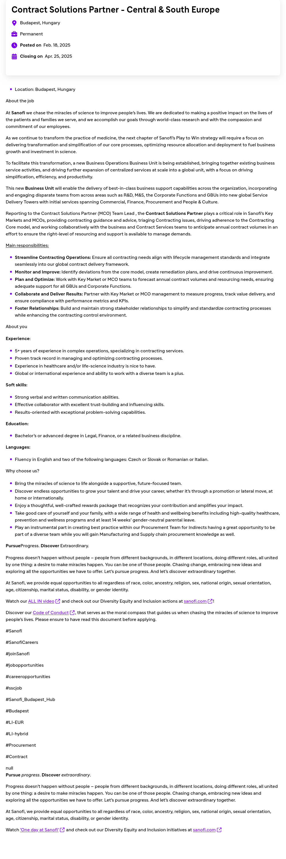 사노피 Contract Solutions Partner - Central & South Europe 채용공고
