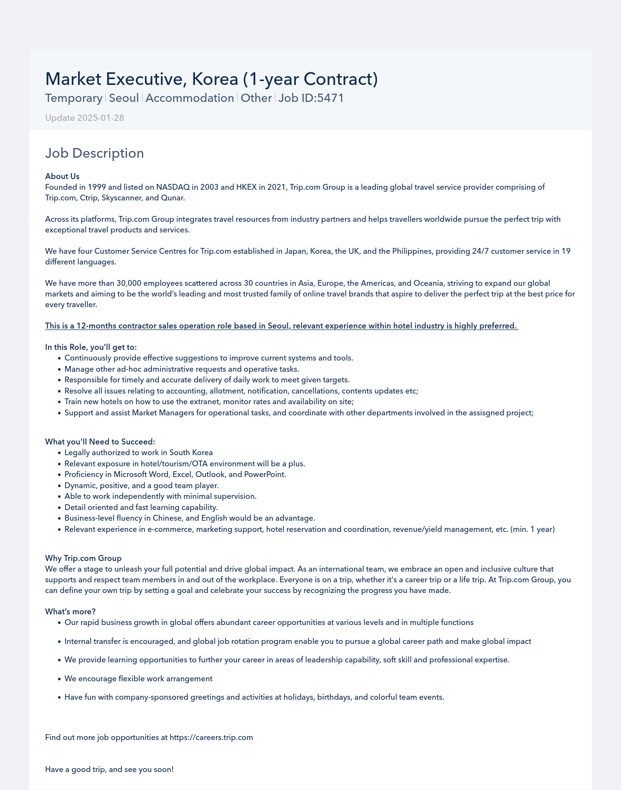 트립닷컴 Market Executive, Korea (1-year Contract) 채용공고