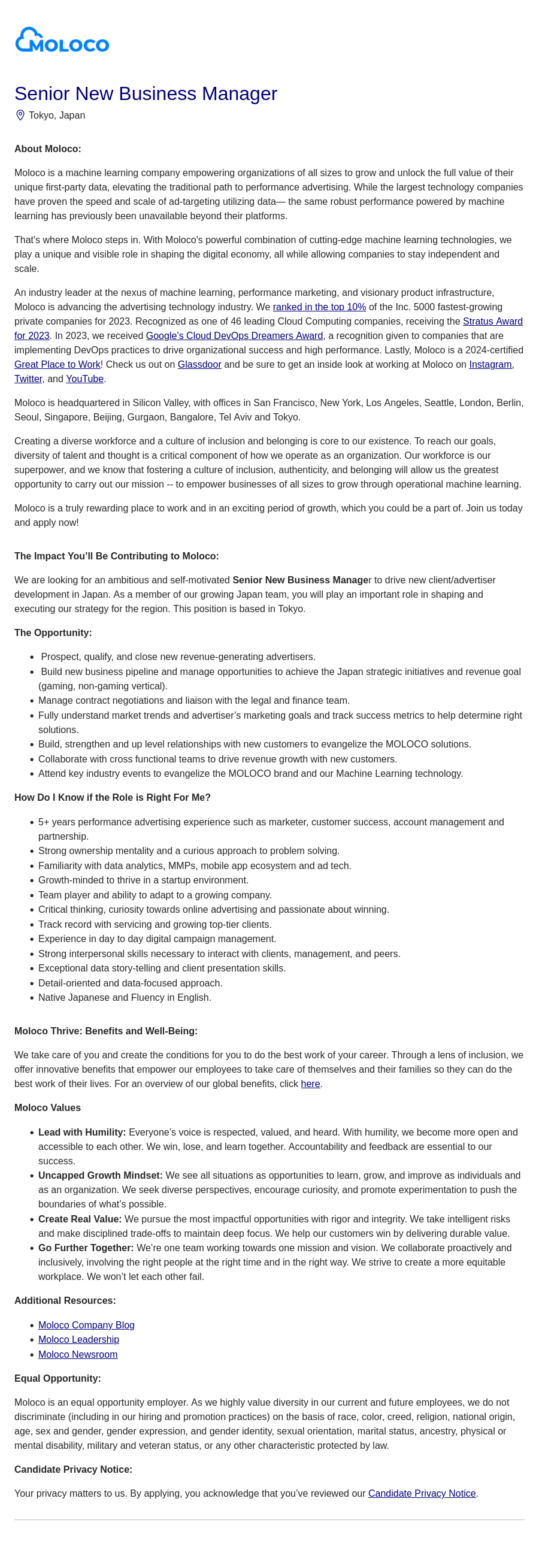 몰로코 Senior New Business Manager (Tokyo, Japan) 채용공고
