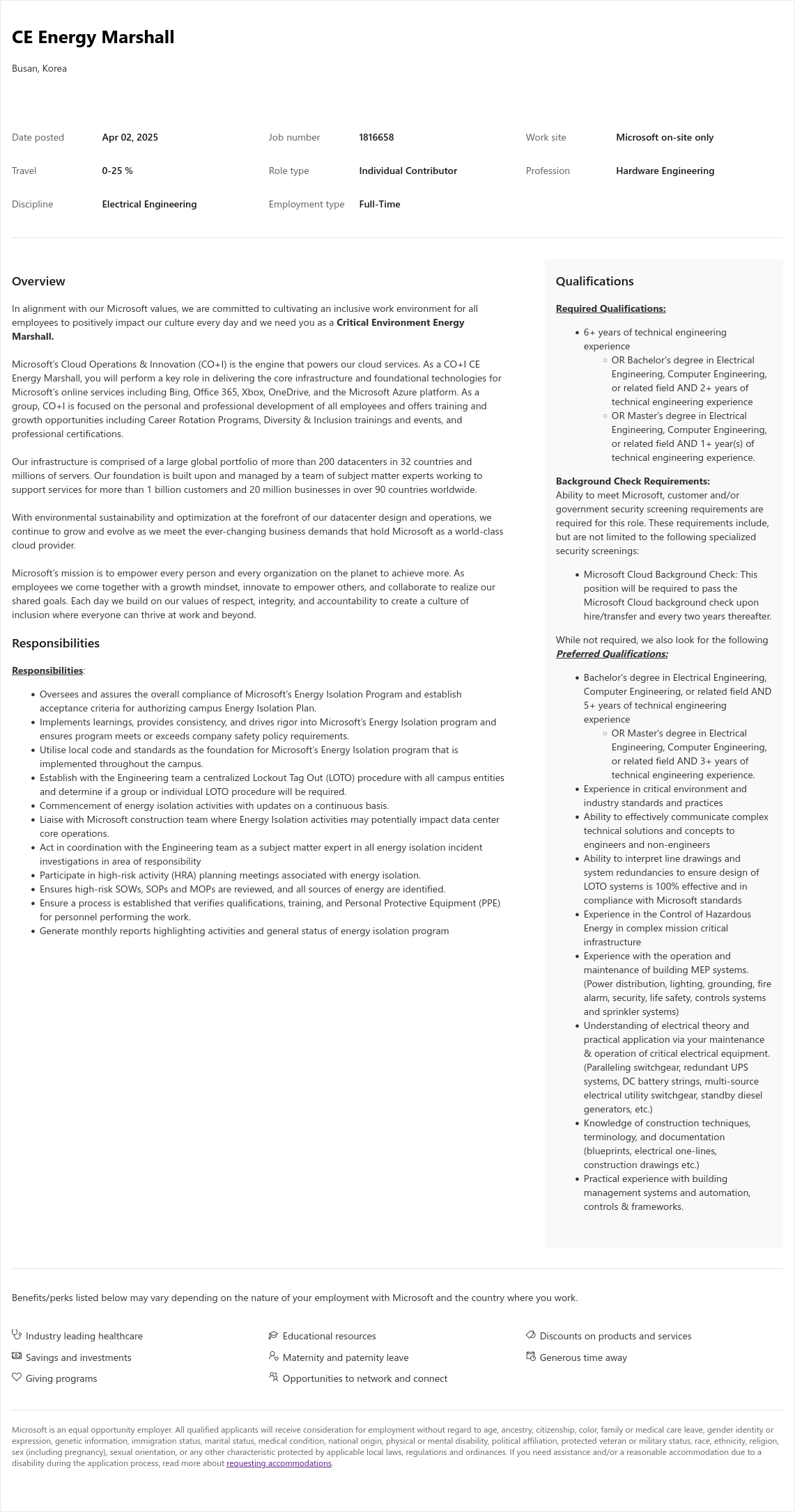 마이크로소프트(Microsoft) CE Energy Marshall 채용공고