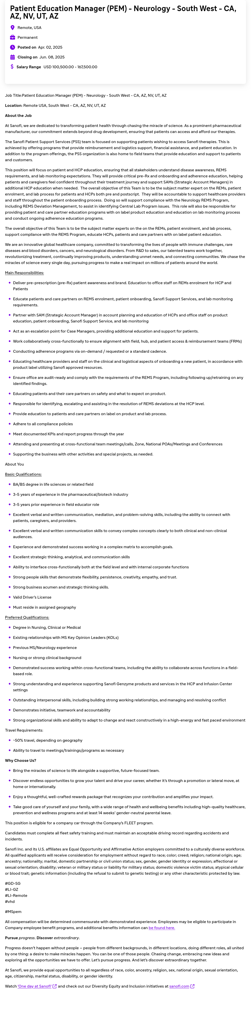 사노피 Patient Education Manager (PEM) - Neurology - South West - CA, AZ, NV, UT 채용공고