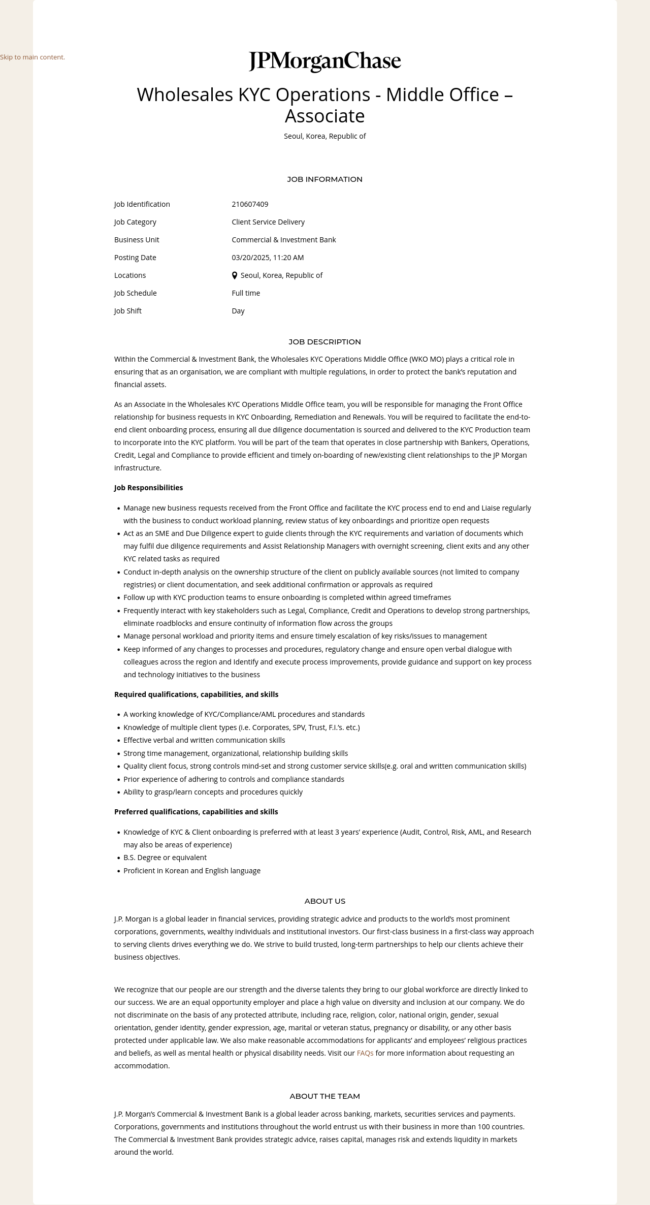 JPMorganChase Wholesales KYC Operations - Middle Office - Associate 채용공고