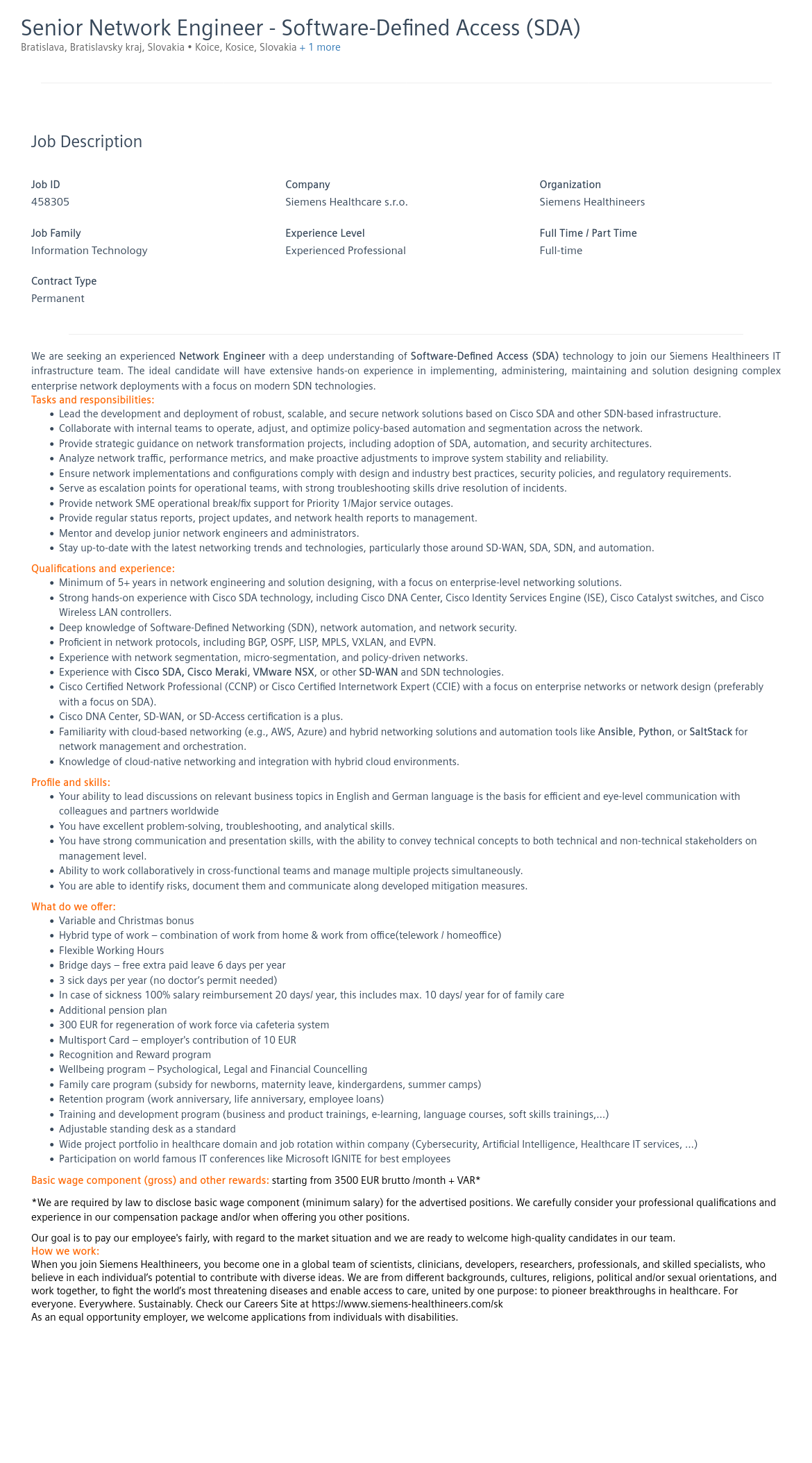 SiemensHealthineers Senior Network Engineer - Software-Defined Access (SDA) 채용공고
