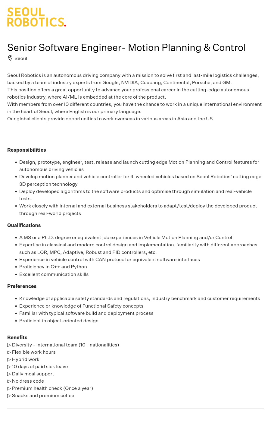 서울로보틱스 Senior Software Engineer- Motion Planning & Control 채용공고