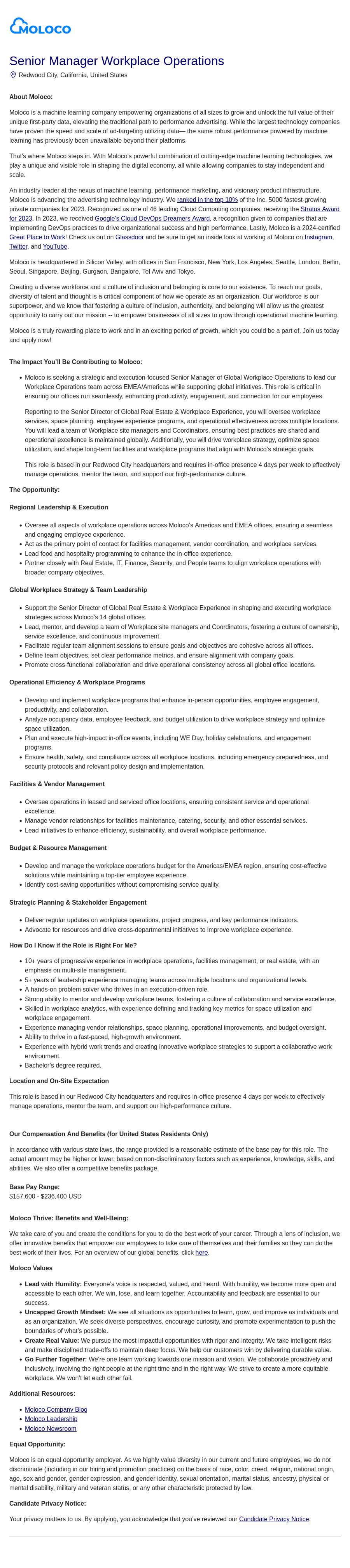 몰로코 Senior Manager, Workplace Operations 채용공고