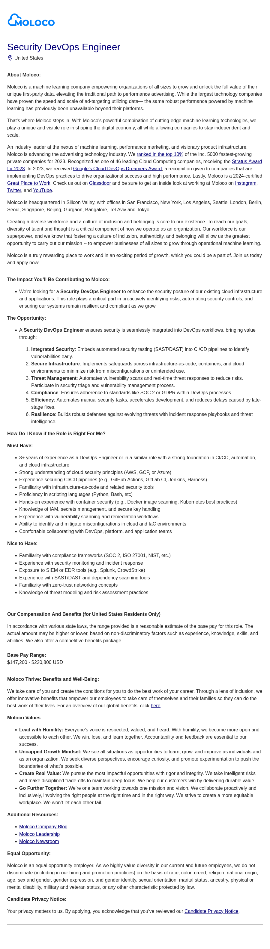 몰로코 Security DevOps Engineer 채용공고