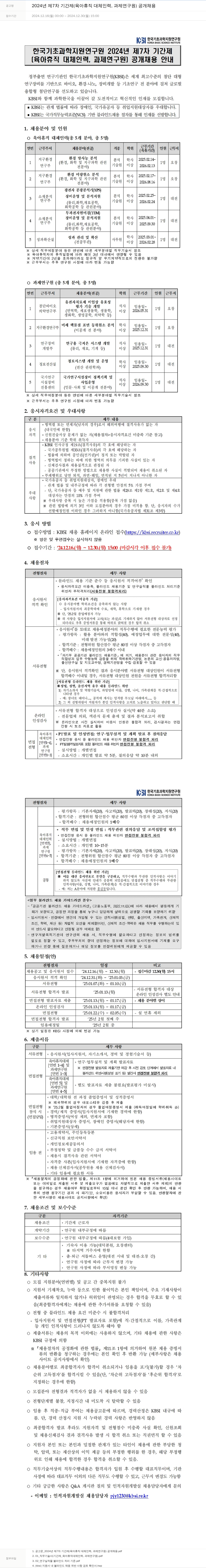 한국기초과학지원연구원 2024년 제7차 기간제(육아휴직 대체 인력, 과제 연구원) 공개 채용 채용공고