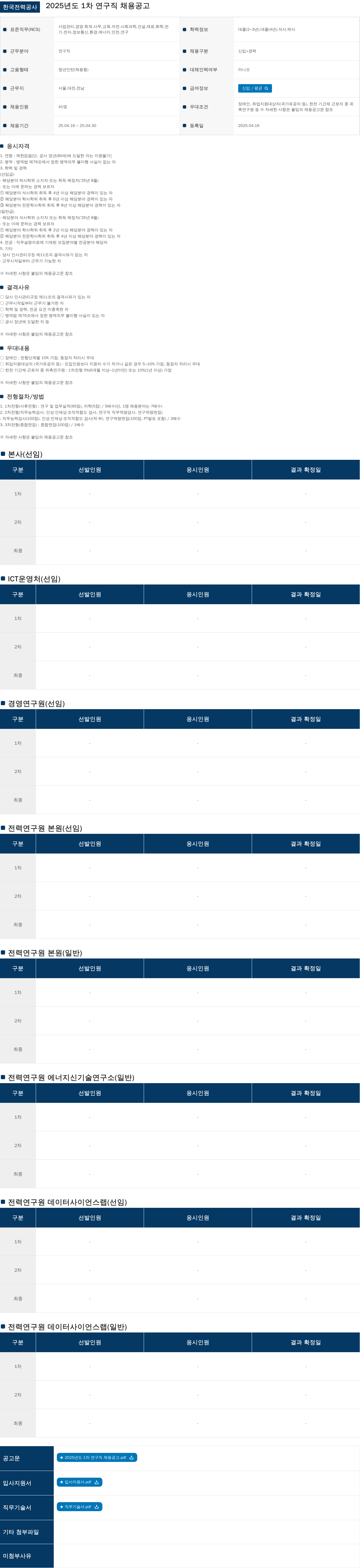 한국전력공사 2025년도 1차 연구직 채용 공고 채용공고