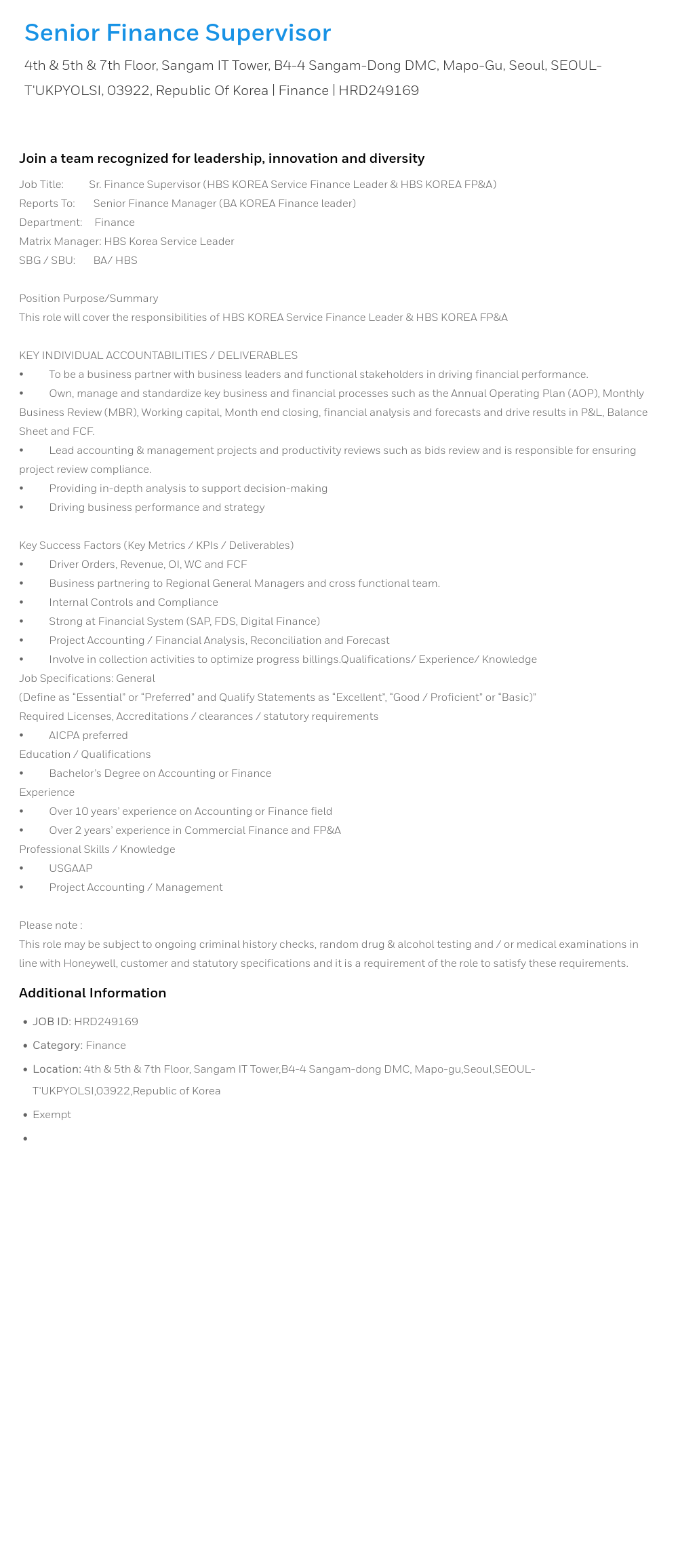 허니웰 Senior Finance Supervisor (HBS KOREA Service Finance Leader & HBS KOREA FP&A) 채용공고