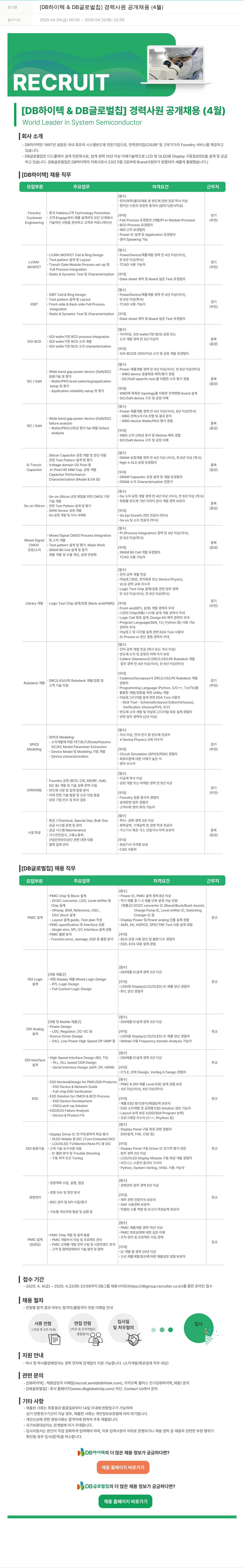 DB하이텍 [DB 하이텍 & DB 글로벌 칩] 경력 사원 공개 채용 (4월) 채용공고