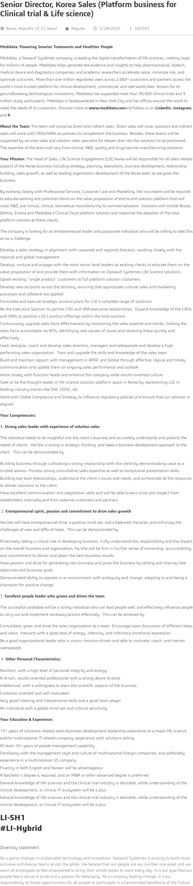 다쏘시스템 Senior Director, Korea Sales (Platform business for Clinical trial & Life science) 채용공고