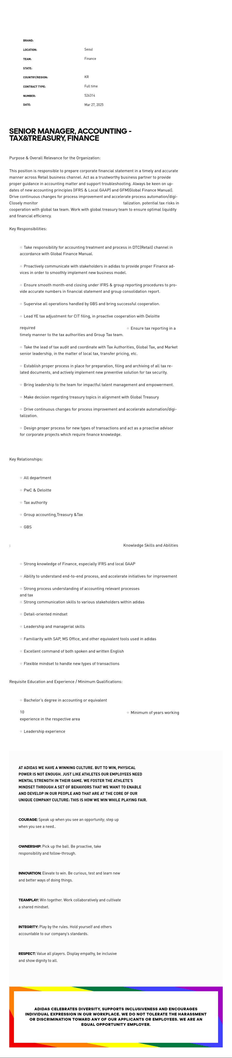 아디다스 Senior Manager, Accounting - Tax & Treasury, Finance 채용공고