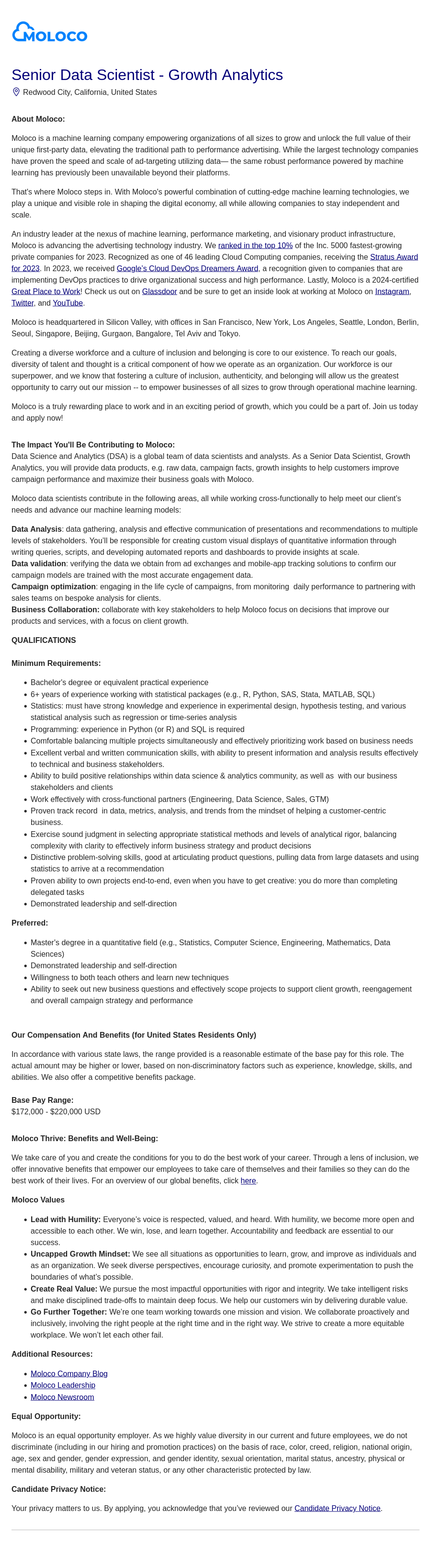 몰로코 Senior Data Scientist Growth - Analytics 채용공고