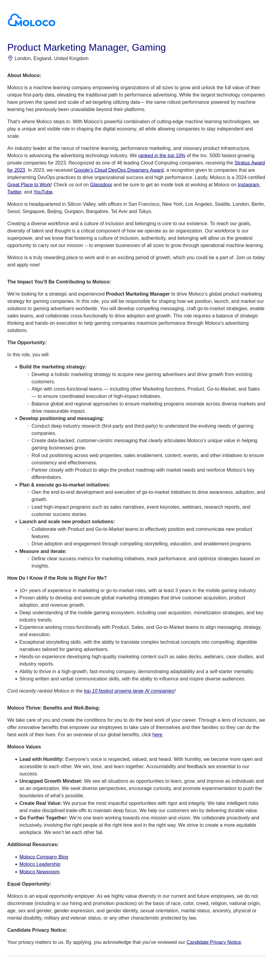 몰로코 Product Marketing Manager, Gaming 채용공고