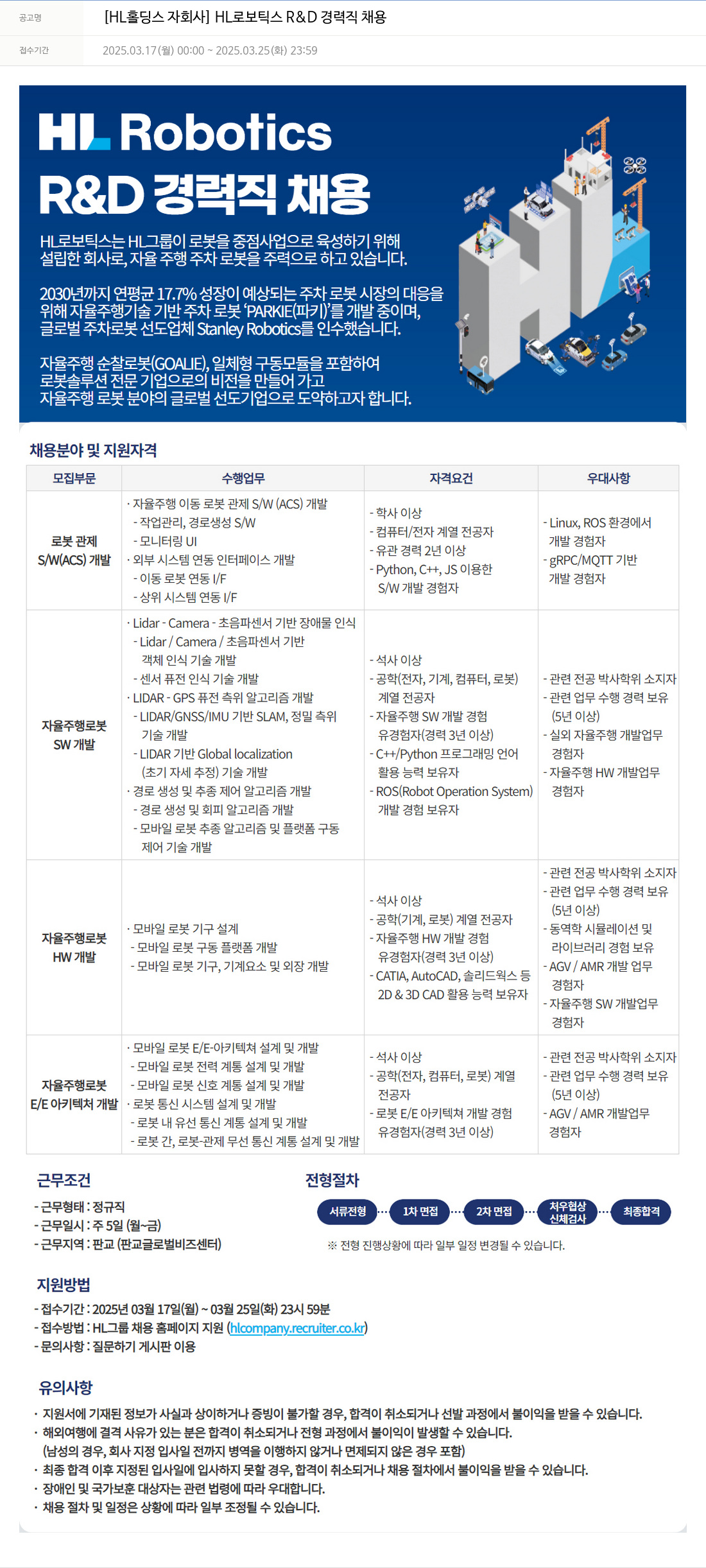 에이치엘홀딩스 [HL 홀딩스 자회사] HL 로보틱스 R&D 경력직 채용 채용공고
